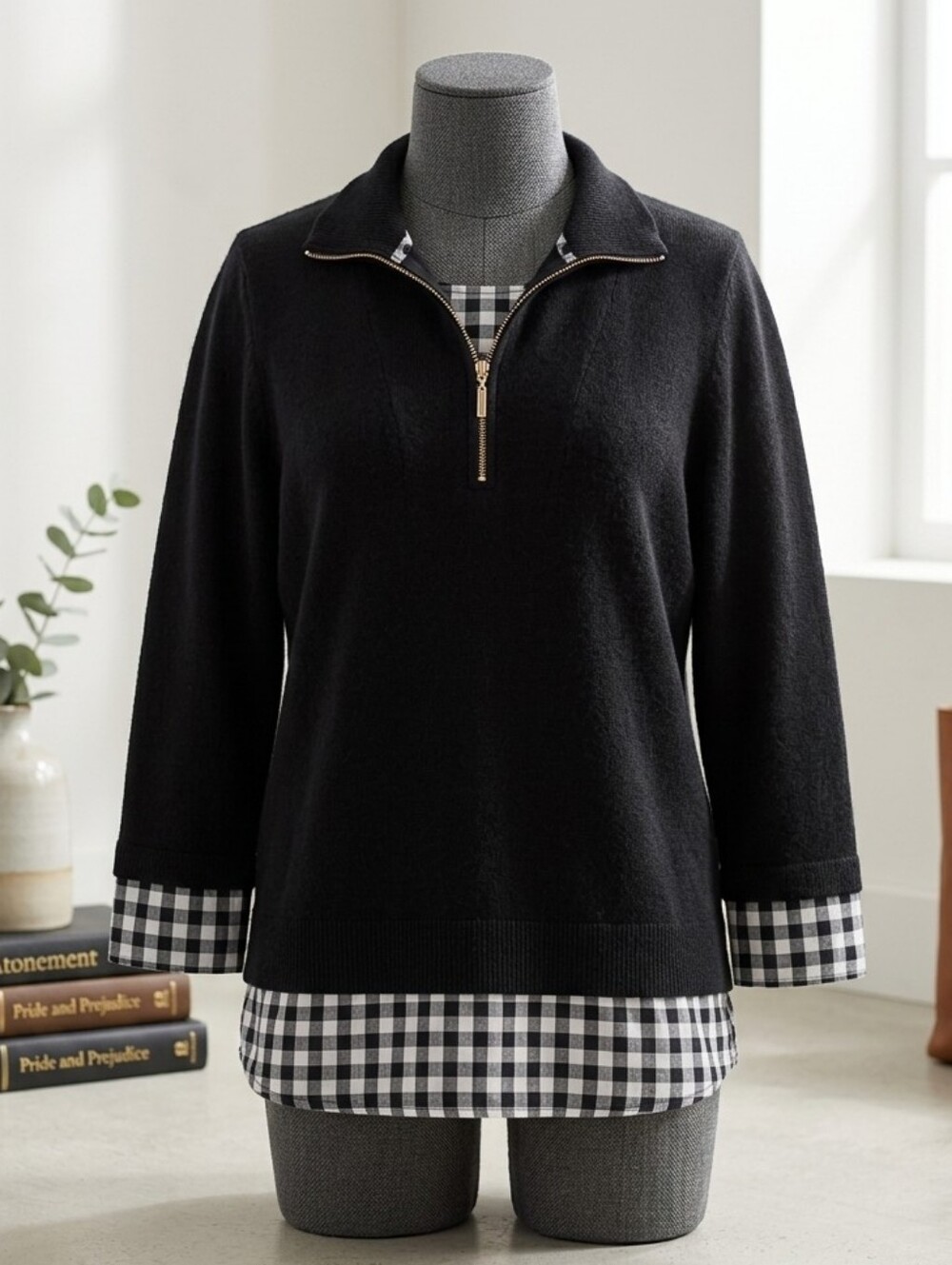 Rebecca Malone Black White Gingham Neutral Checkered Blouse Cotton Mixed Top